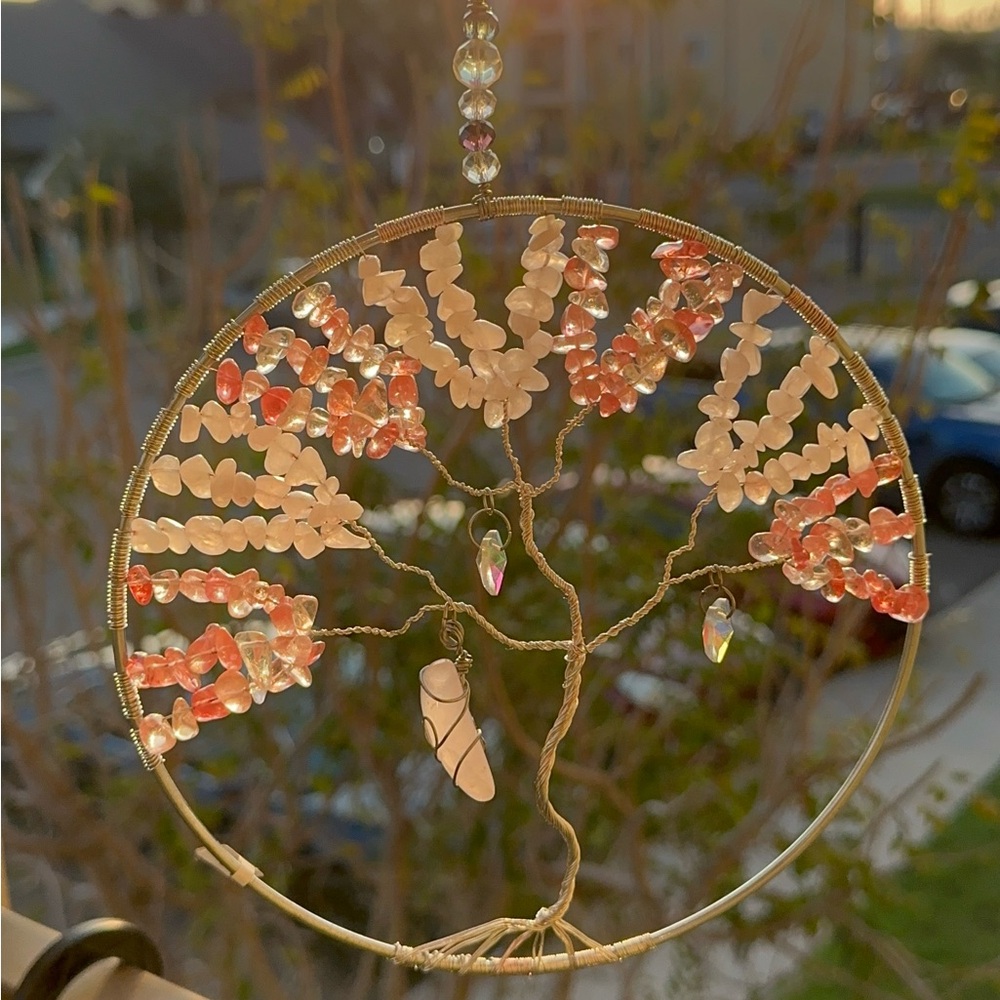 Pink and Clear Gemstone Tree of Life Suncatcher